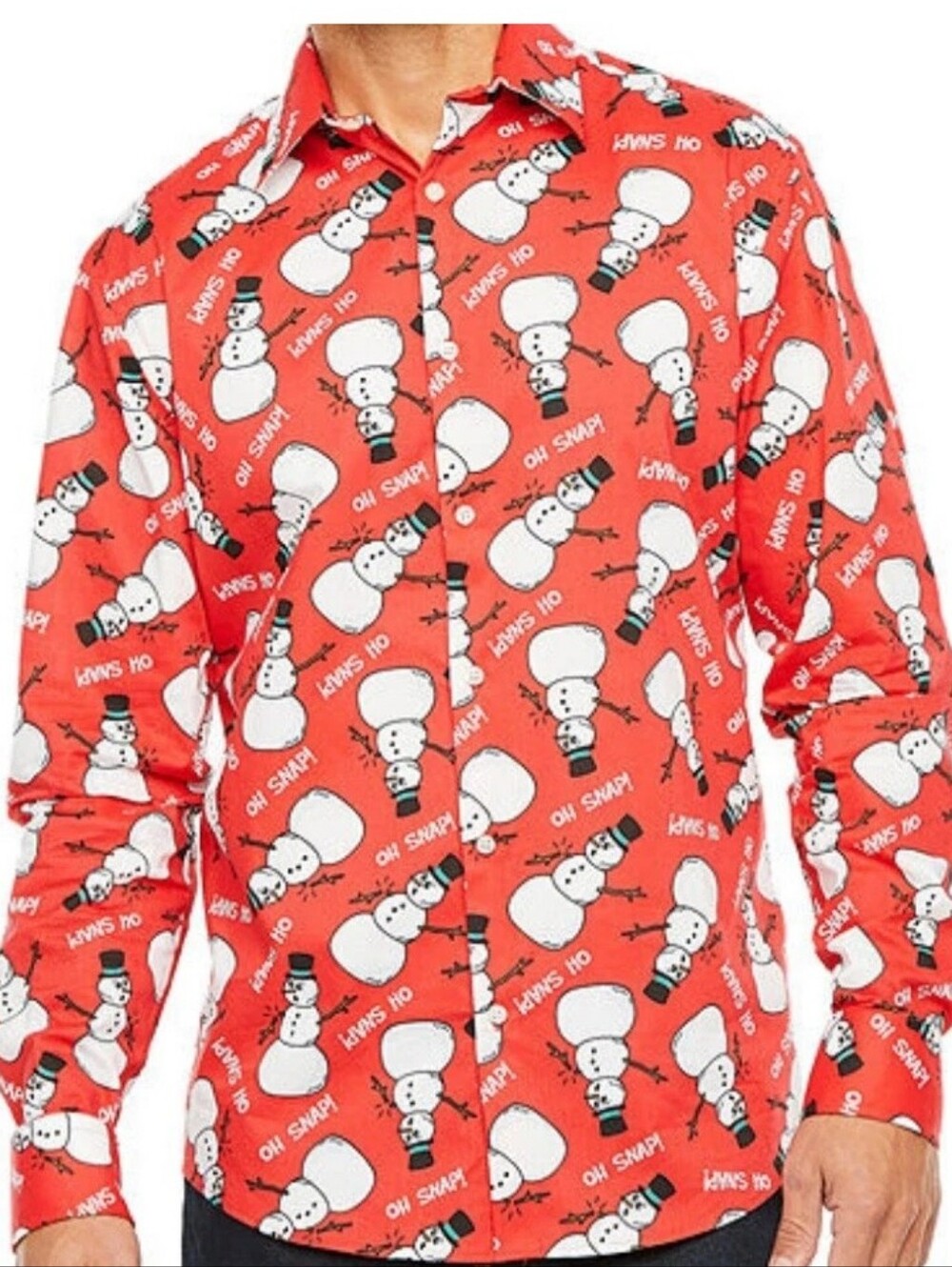 Mens Red Snowman Button Up Shirt Size Large Christmas Holiday Party Festive Ugly